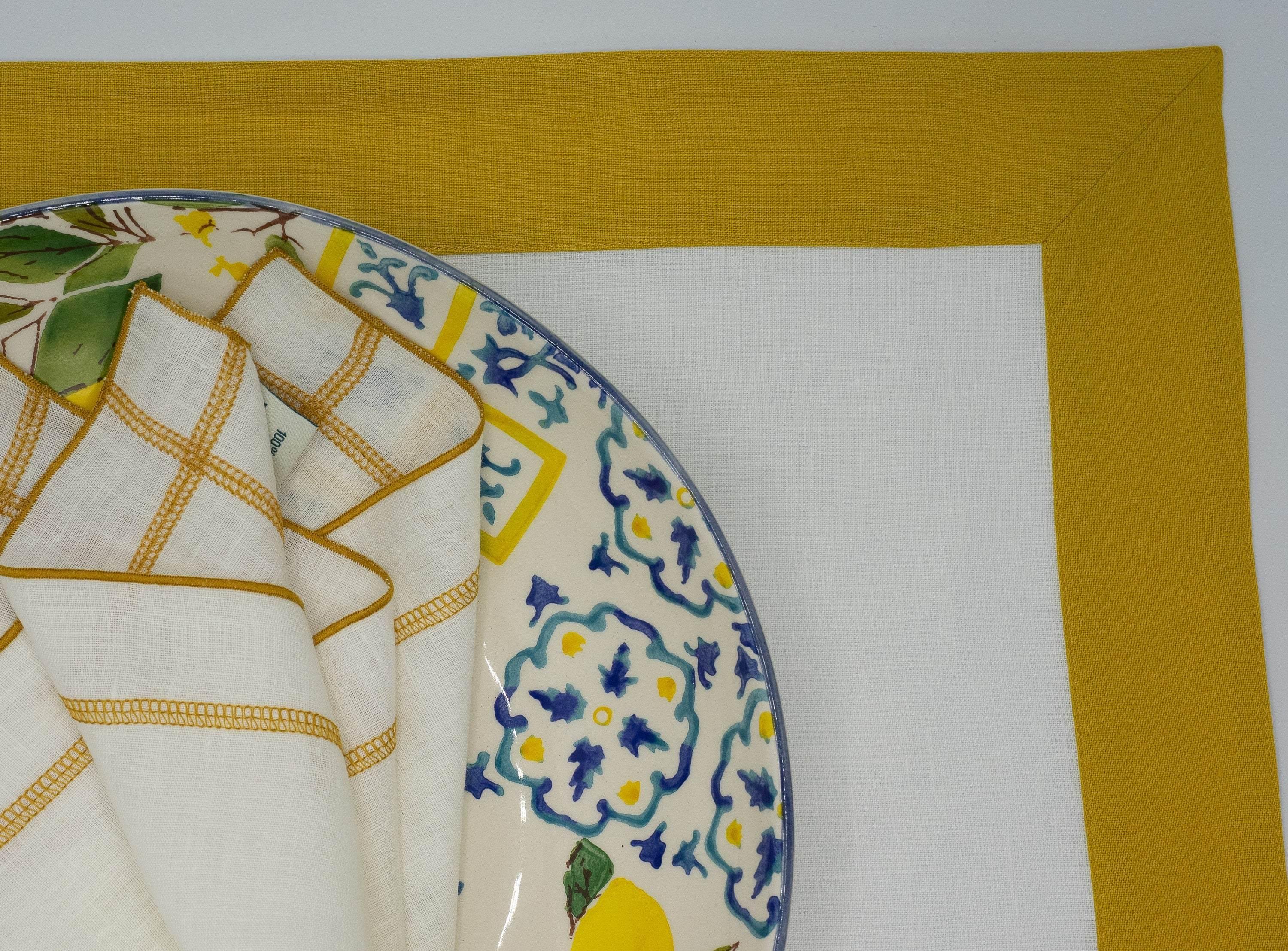 Linen Placemats With Mustard Borders, Set of 4