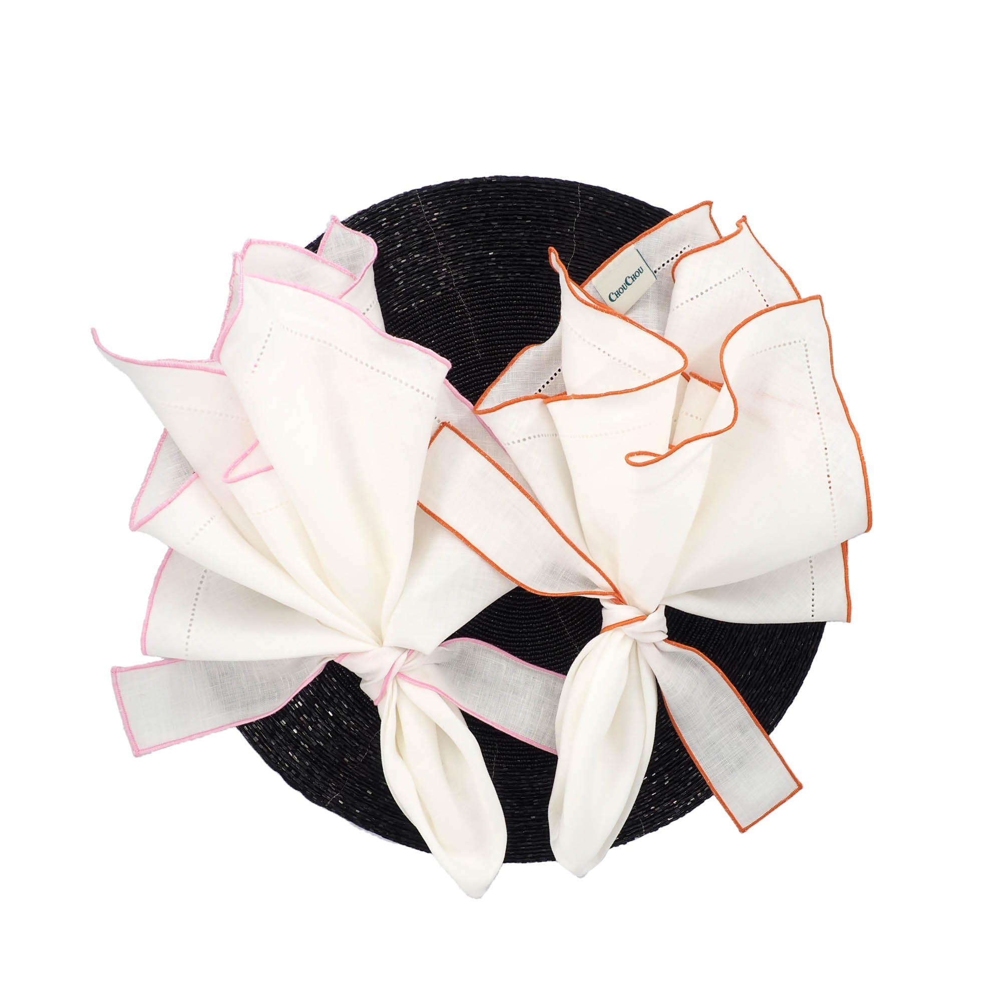 White Linen Napkins With Orange Ruffled Hemstitch Edges, Set of 4