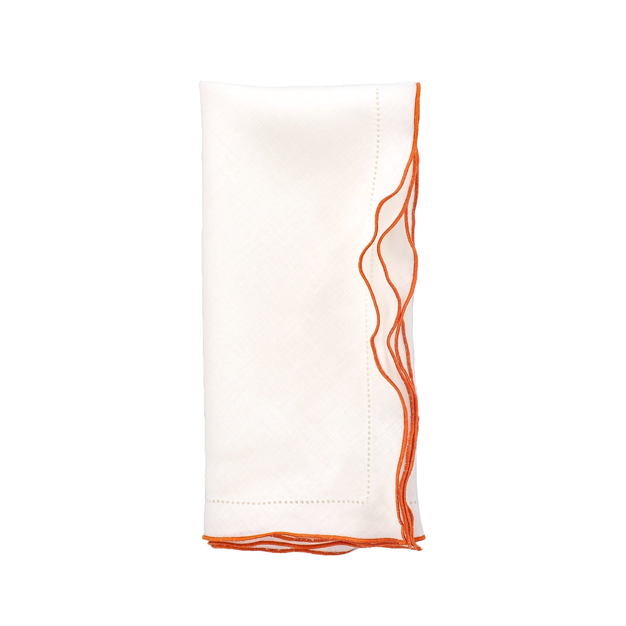 White Linen Napkins With Orange Ruffled Hemstitch Edges, Set of 4