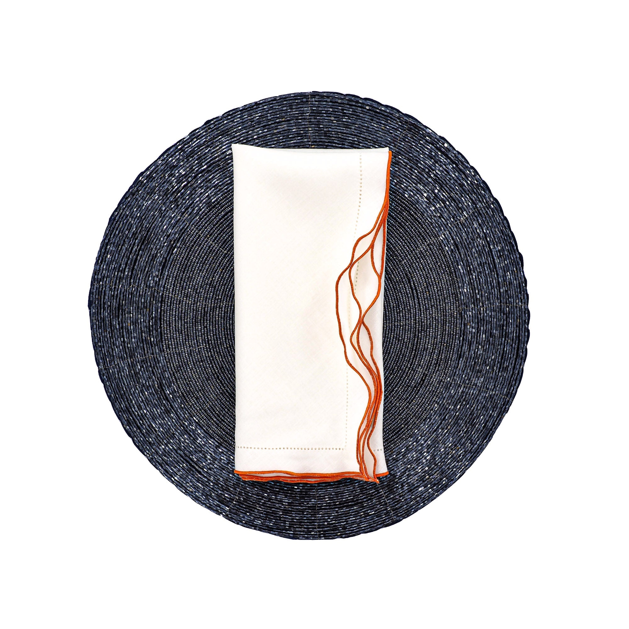 White Linen Napkins With Orange Ruffled Hemstitch Edges, Set of 4