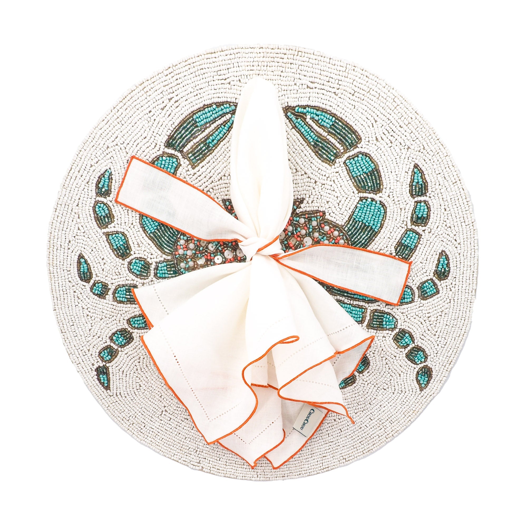 White Linen Napkins With Orange Ruffled Hemstitch Edges, Set of 4