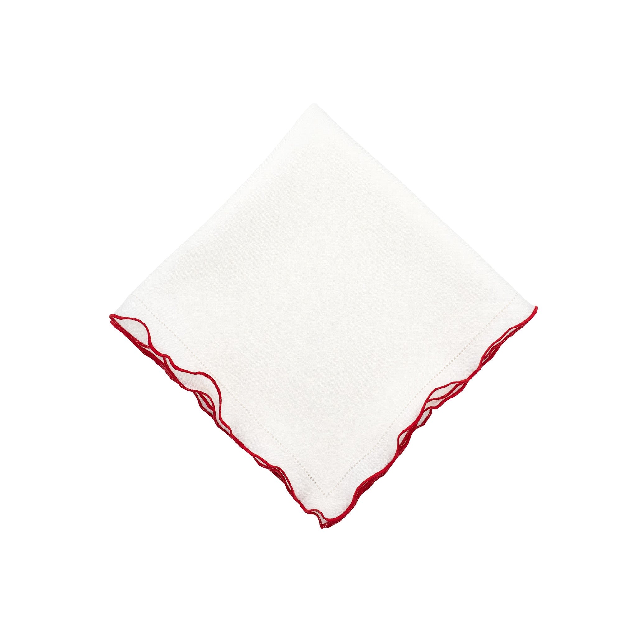 White Linen Napkins With Red Ruffled Hemstitch Edges, Set of 4