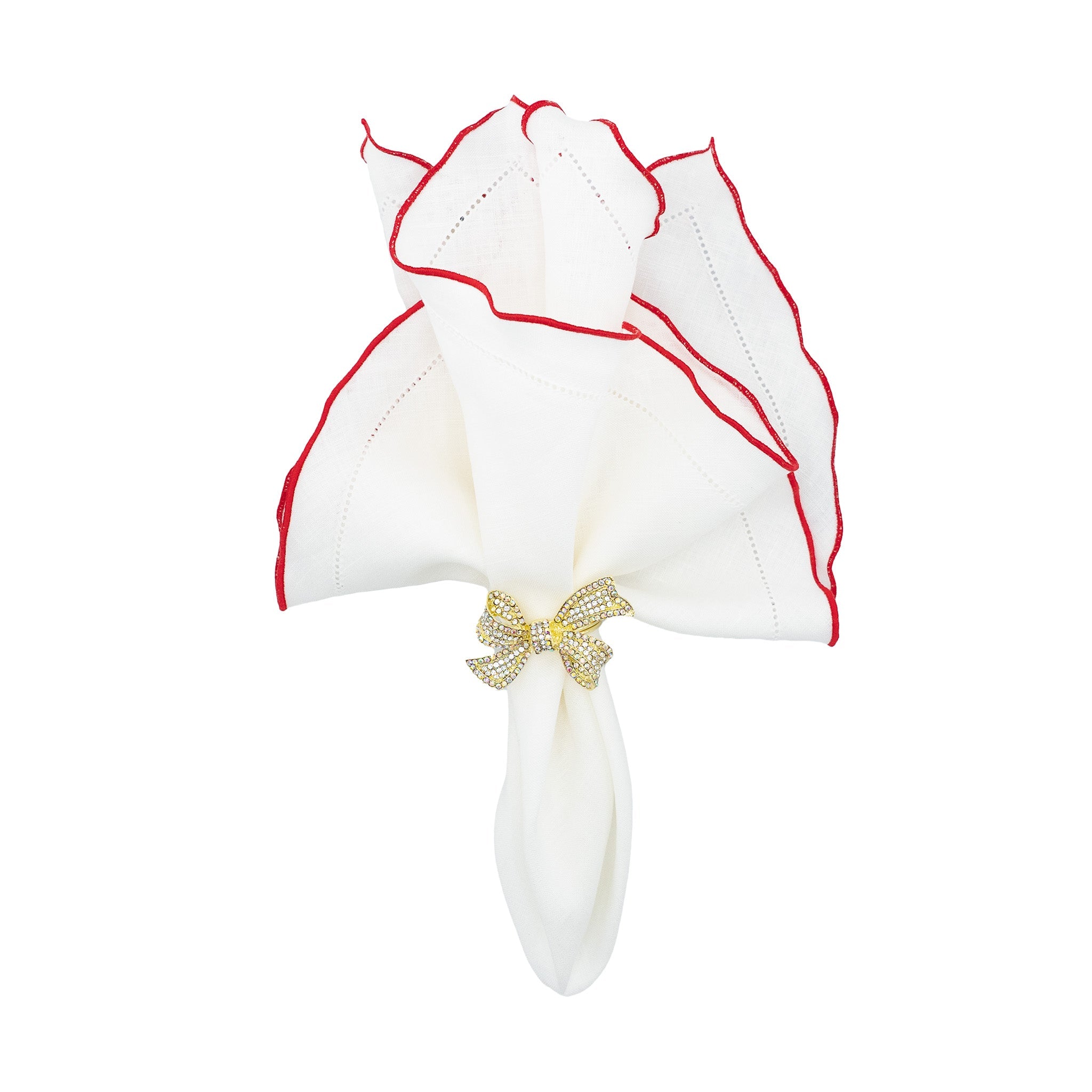 White Linen Napkins With Red Ruffled Hemstitch Edges, Set of 4
