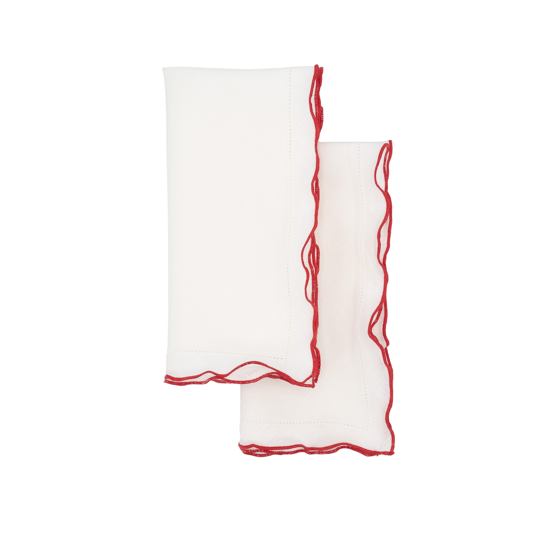 White Linen Napkins With Red Ruffled Hemstitch Edges, Set of 4