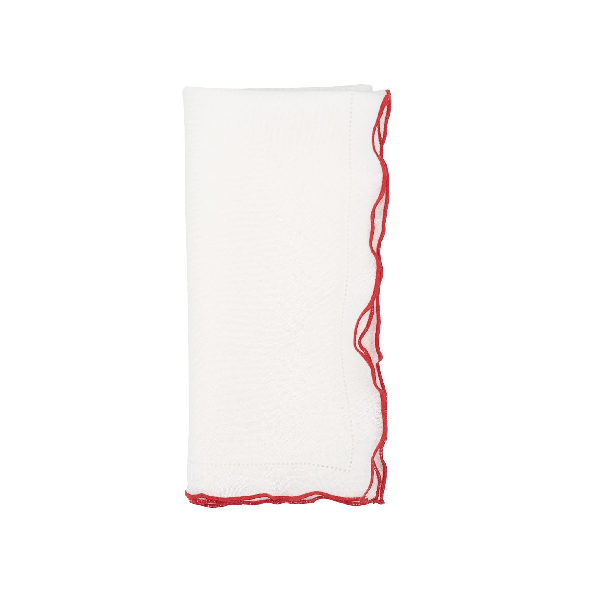 White Linen Napkins With Red Ruffled Hemstitch Edges, Set of 4