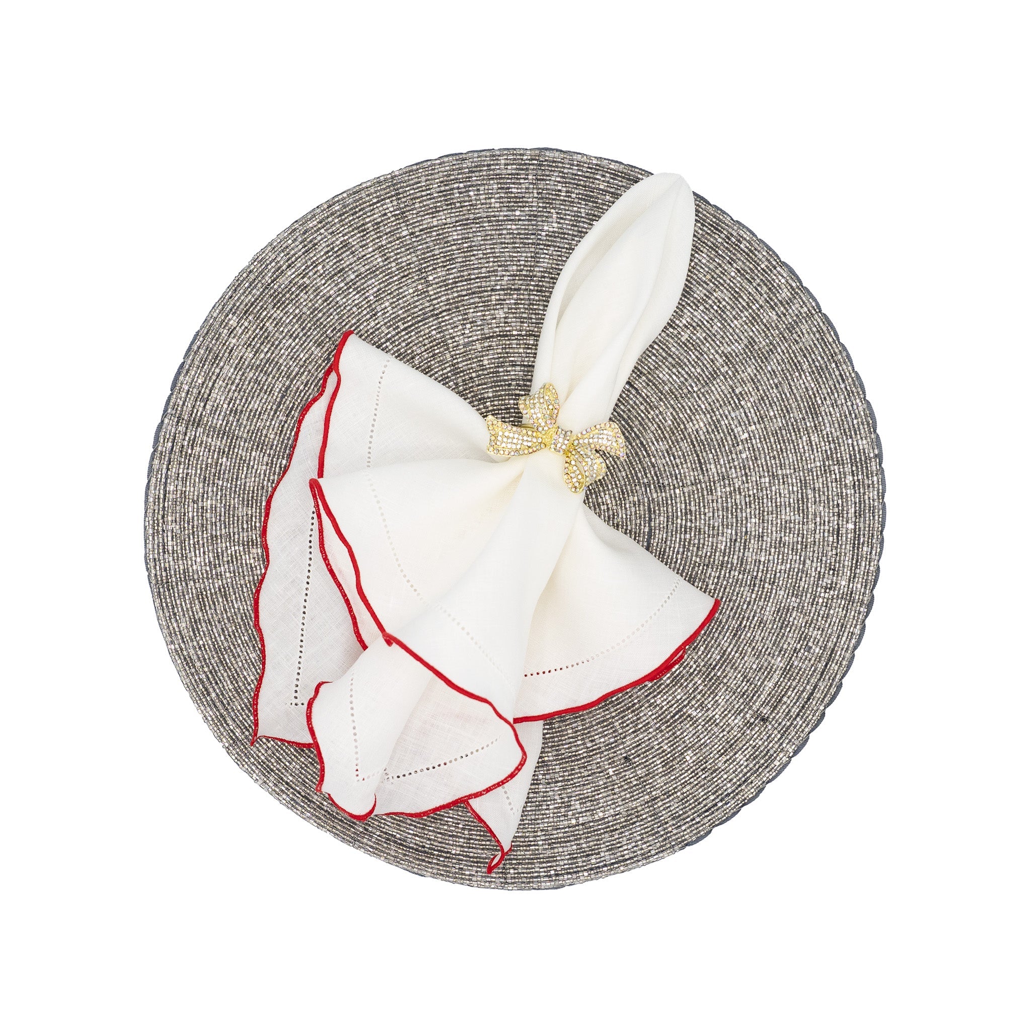 White Linen Napkins With Red Ruffled Hemstitch Edges, Set of 4