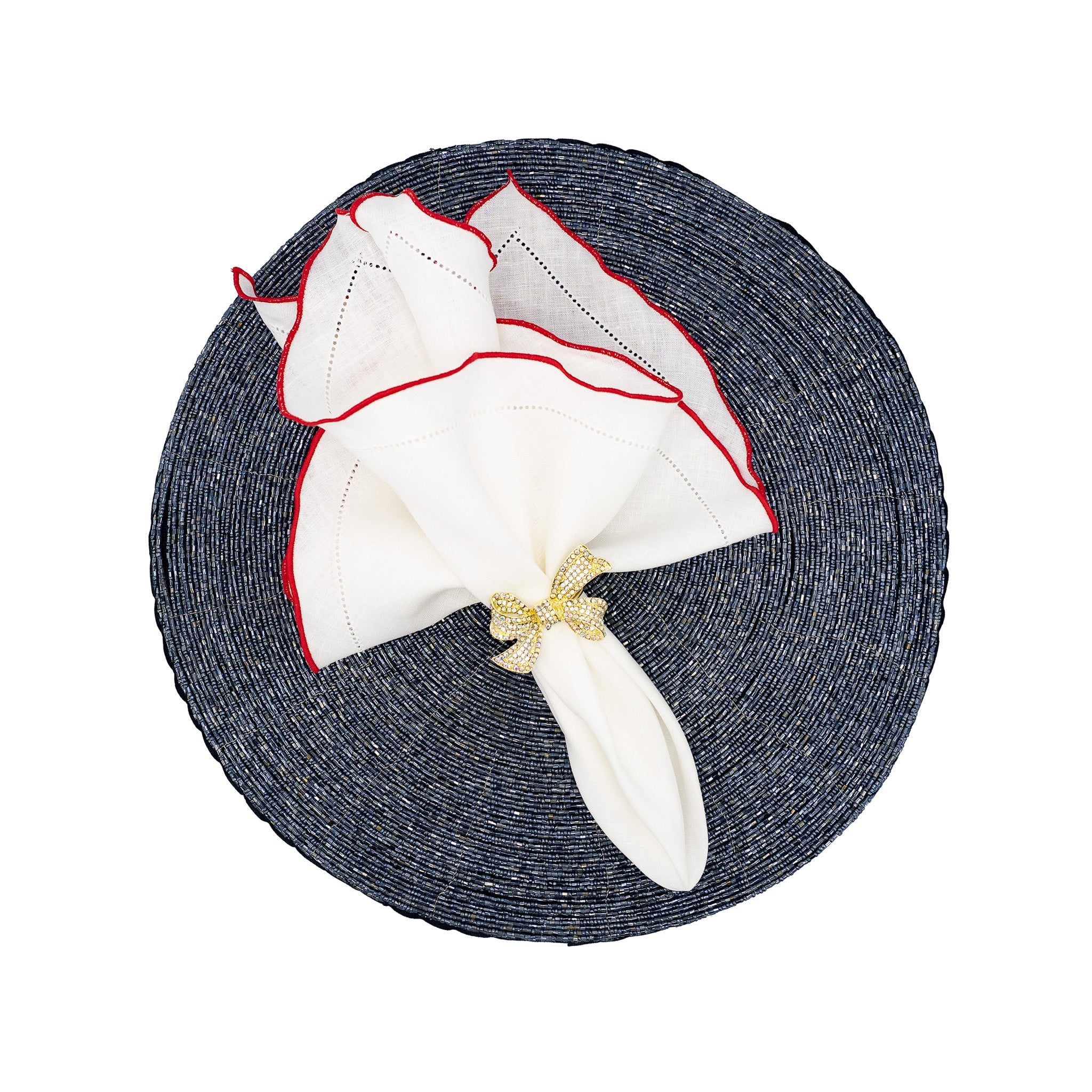 White Linen Napkins With Red Ruffled Hemstitch Edges, Set of 4