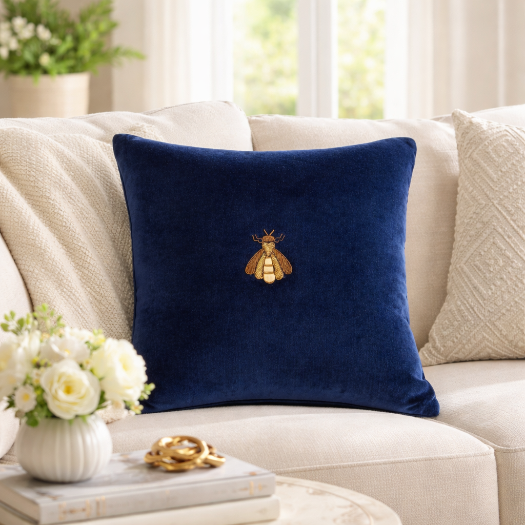 Navy Bee Silk Velvet Throw Pillow Cover, 20 x 20