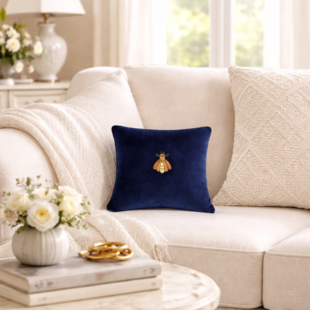 Navy Bee Silk Velvet Throw Pillow Cover, 12 x 12