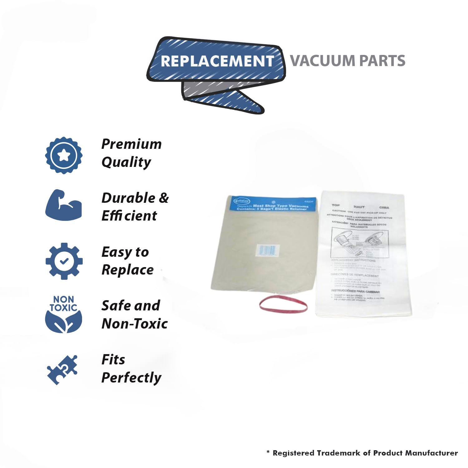 Topvacuumparts Replacement Part For ShopVac 1 Gallon Vacuum Paper Bags 5 + 1 Rubber Band # Compare to Part Number 90010100
