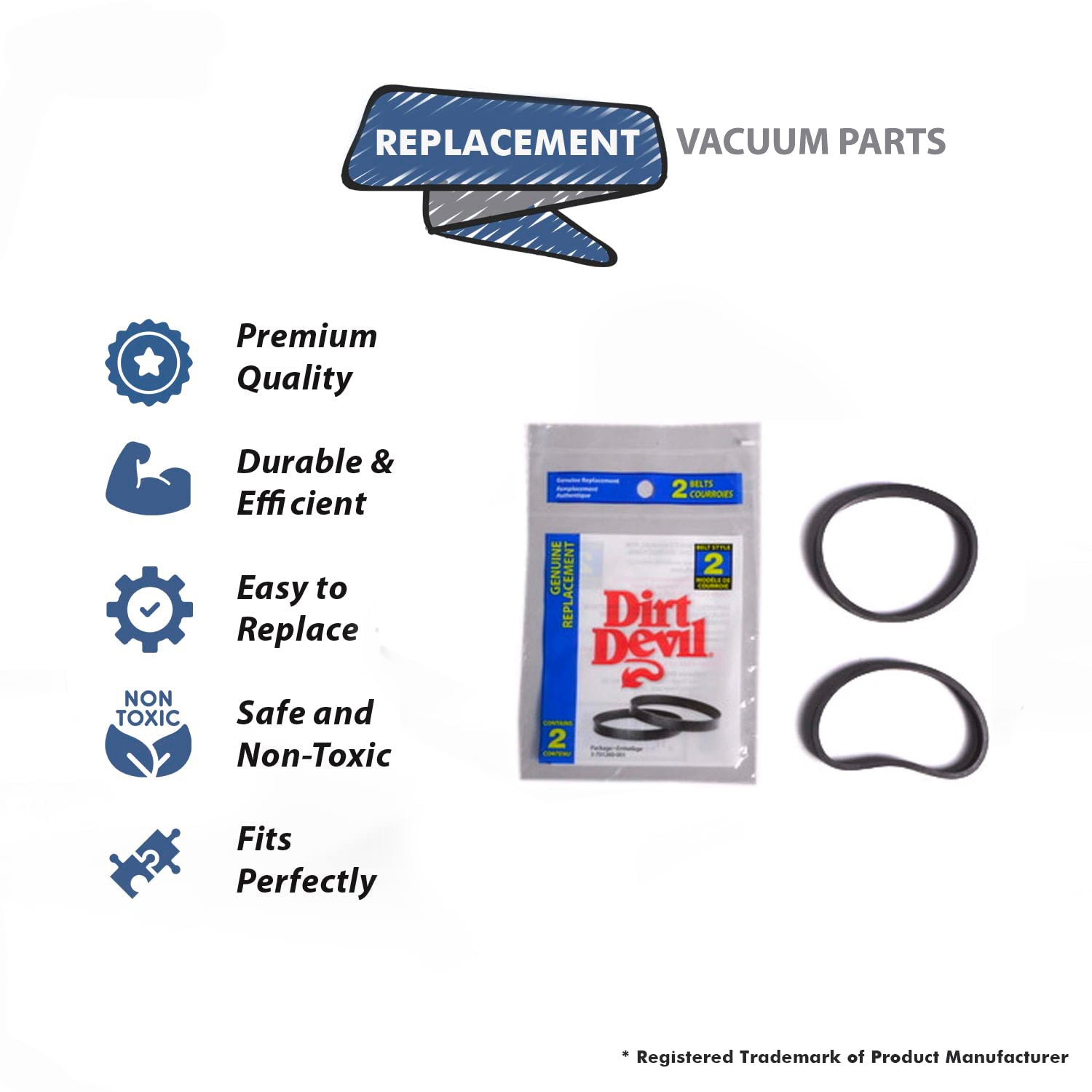 Topvacuumparts Replacement Part For Royal Style 2 Broom Vacuum Cleaner Flat Belt 2PK # compare to part 3701260001