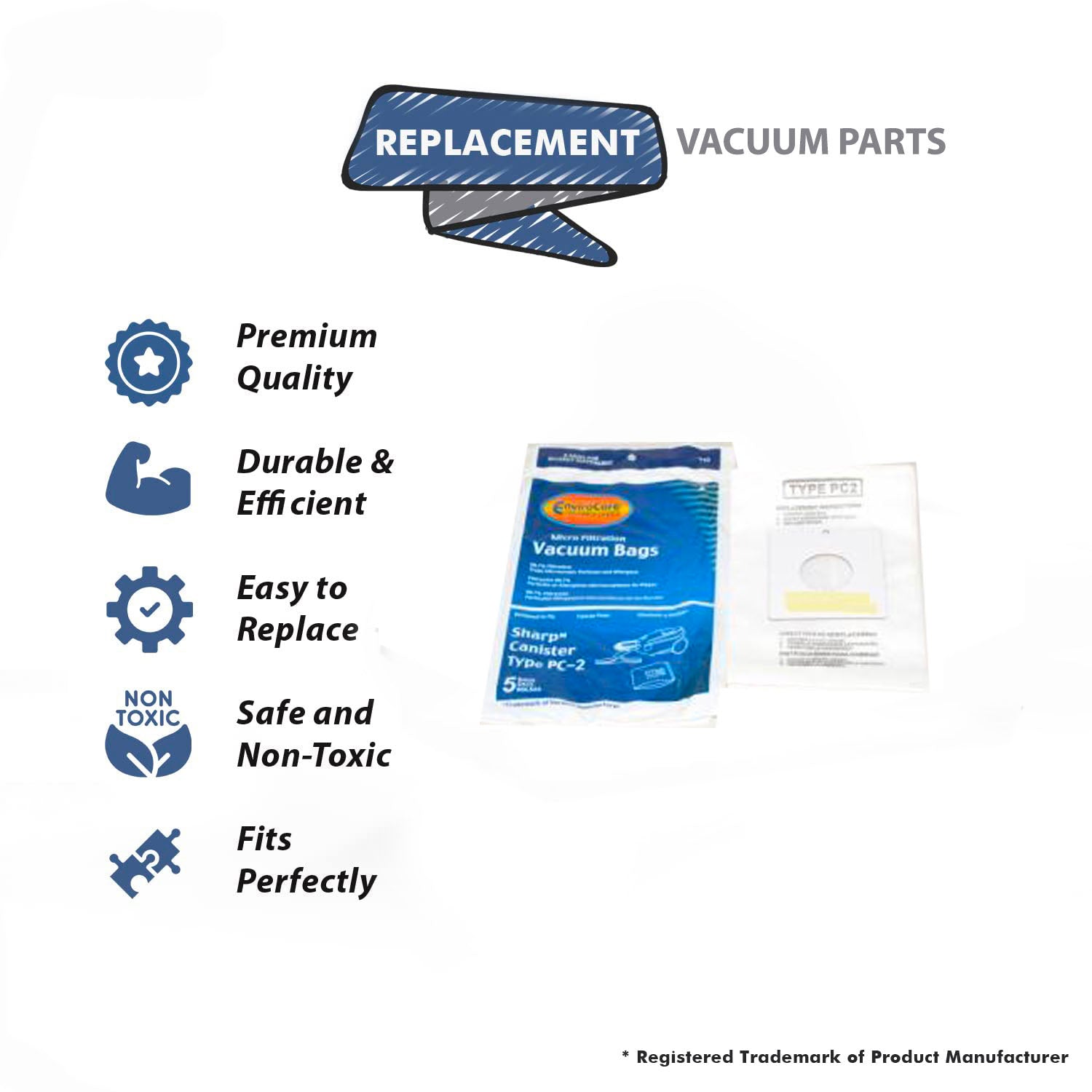 Topvacuumparts Replacement Part For Sharp Type PC-2 Canister Micro Vacuum Cleaner Paper Bags 5PK # compare to part SHR-14455