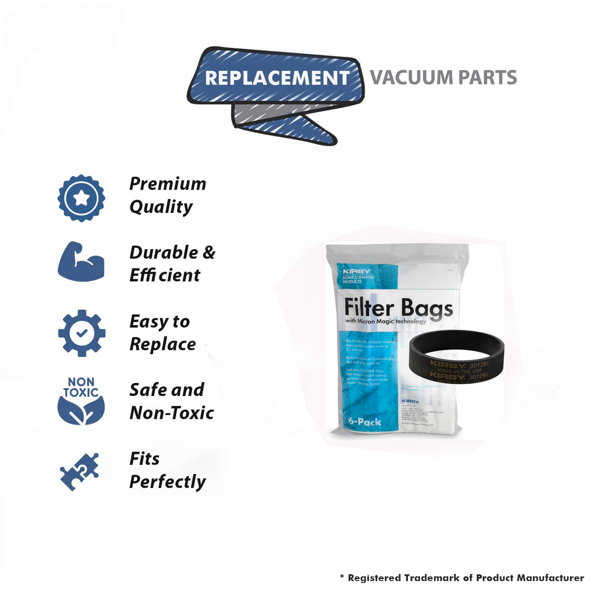 Topvacuumparts Replacement For 6UNIVERSAL &FSTYLE ClothWhite Sentria 2 Kirby Micron Vacuum bags and 2 belts # 204811G , 301291S