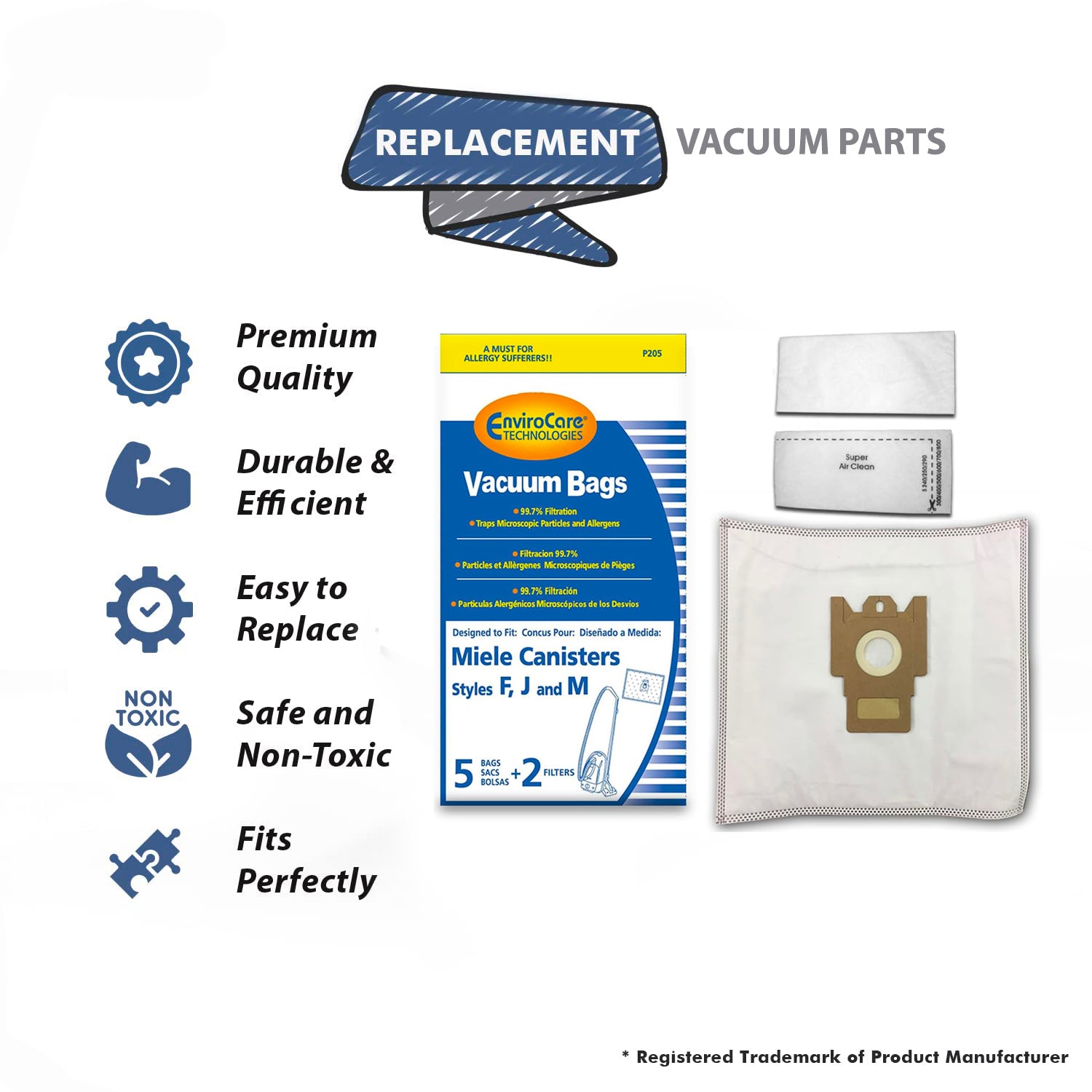 Topvacuumparts Miele Style FJM Poly Wrapper, Allergen Canister Vacuum Cleaner 5 Bags and 2 Filters // P205
