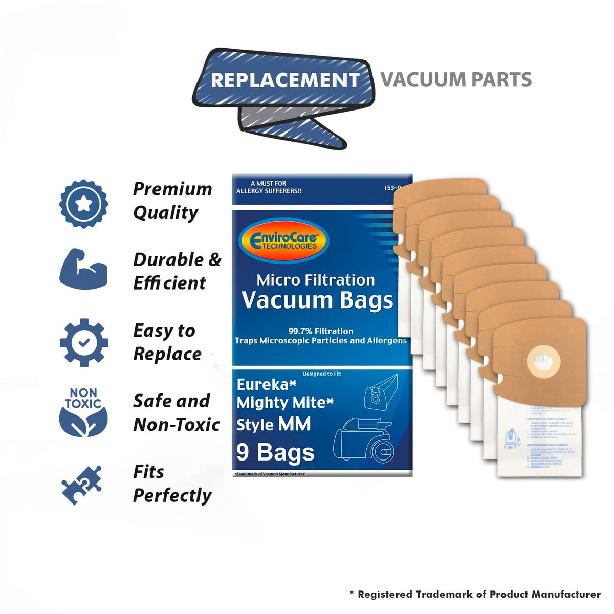 Topvacuumparts Replacement Eureka Style MM Envirocare Micro-Filtration Vacuum Bags - 9 Pack # Parts 153-9, 60295A, 60295