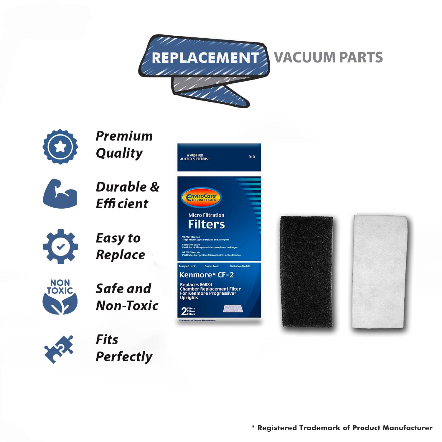 Topvacuumparts (2 X) Kenmore CF2 Foam Filter For Models Upright, Progressive Vacuum Cleaners, 86884, 20-86884C, 2086884, 4370432, 610488 Part # 910