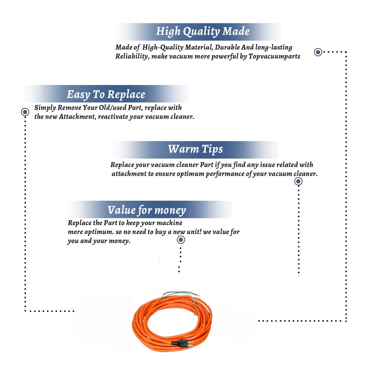 Topvacuumparts Replacement Part For Hoover CH53010 Vacuum Cleaner 35Ft 3 Wire Orange Cord # compare to part 440005154