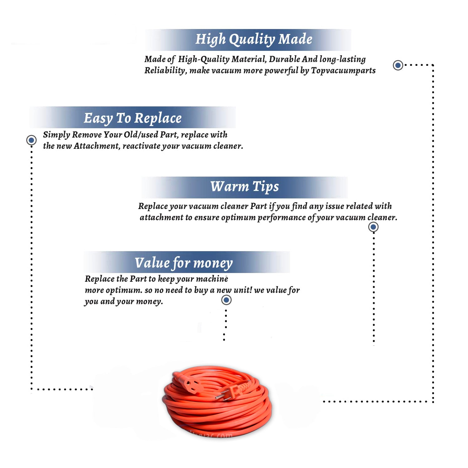Topvacuumparts Replacement Part For Hoover CH50102 Vacuum Cleaner Orange 40 Feet Extension Cord # compare to part 440002417