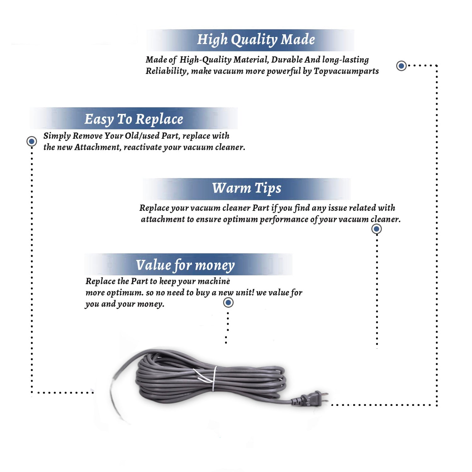 Topvacuumparts Replacement Part For Fit All Vacuum Cleaner 40' Gray 17/2 SVT 12 Amp Power Cord W/ Polarized Plug // 32-5432-25