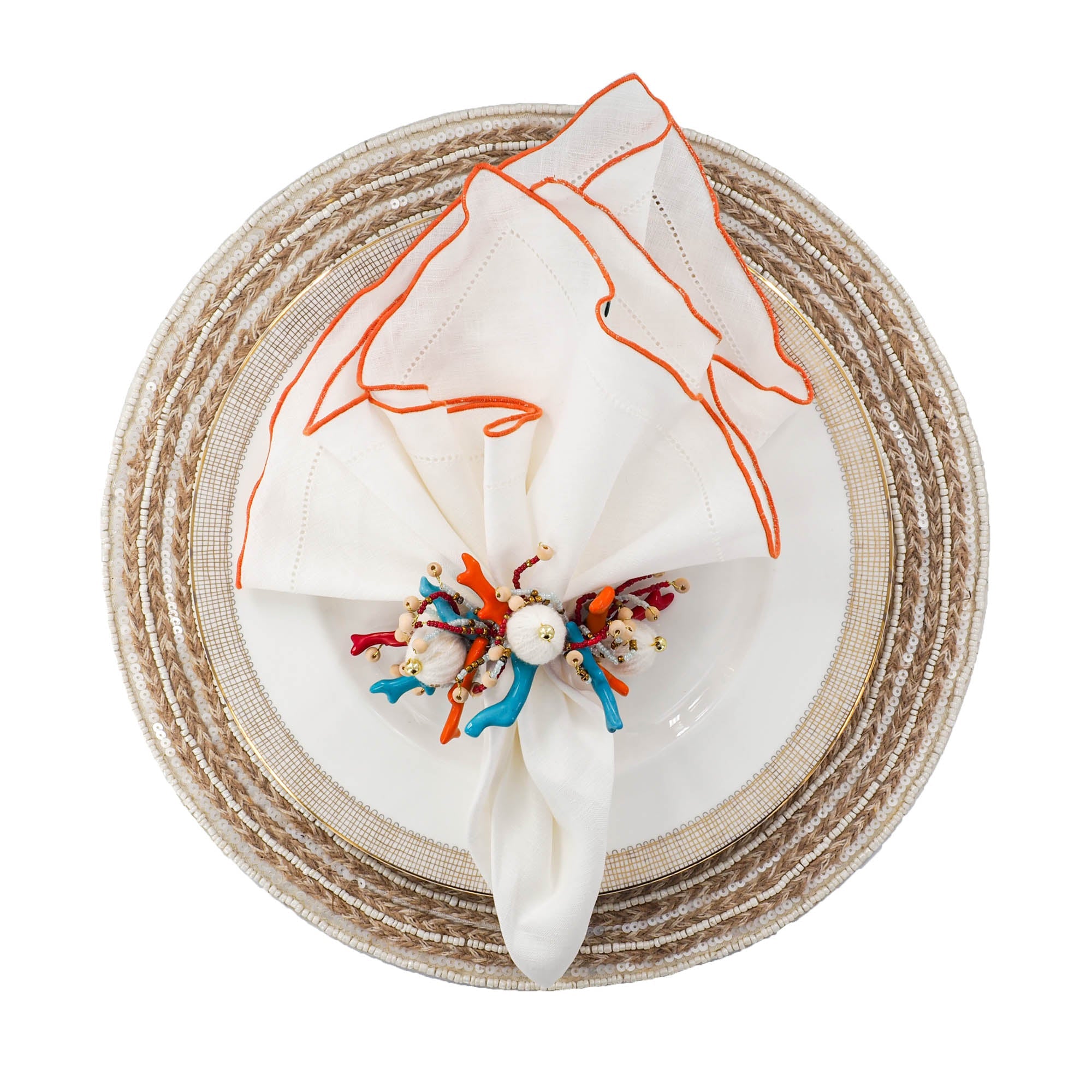 White Linen Napkins With Orange Ruffled Hemstitch Edges, Set of 4