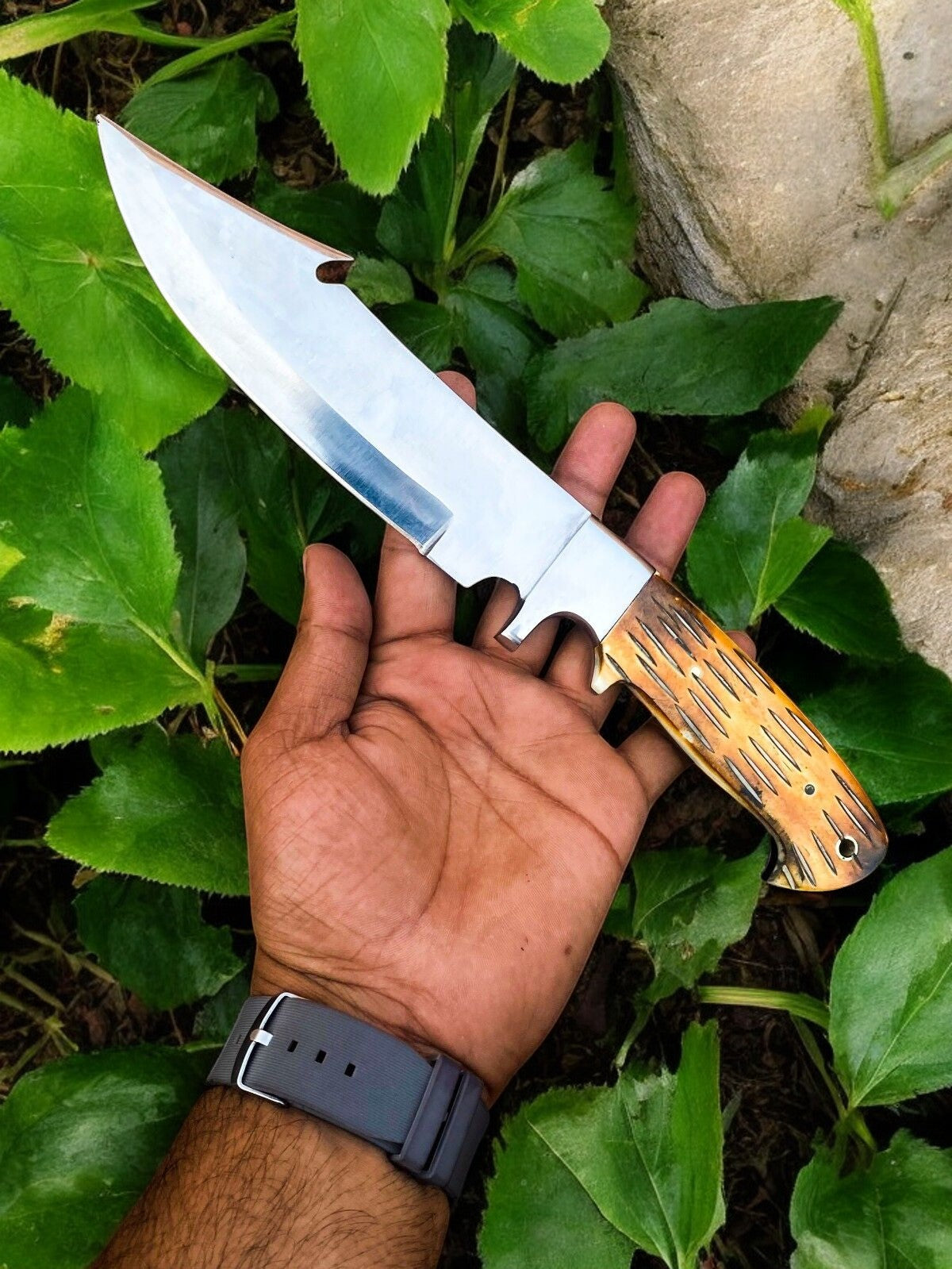 Custom Handmade Bowie Knife - D2 Steel Blade, Bone Handle, 13