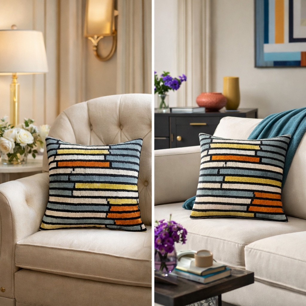 Striped Silk Velvet Ikat Throw Pillow Cover, 20 x 20