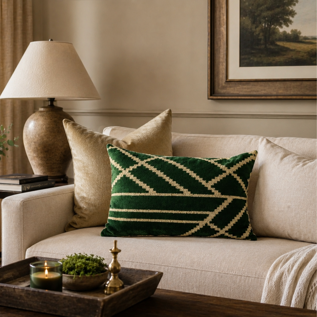 Woodlands Green Silk Velvet Ikat Throw Pillow Cover, 16 x 24