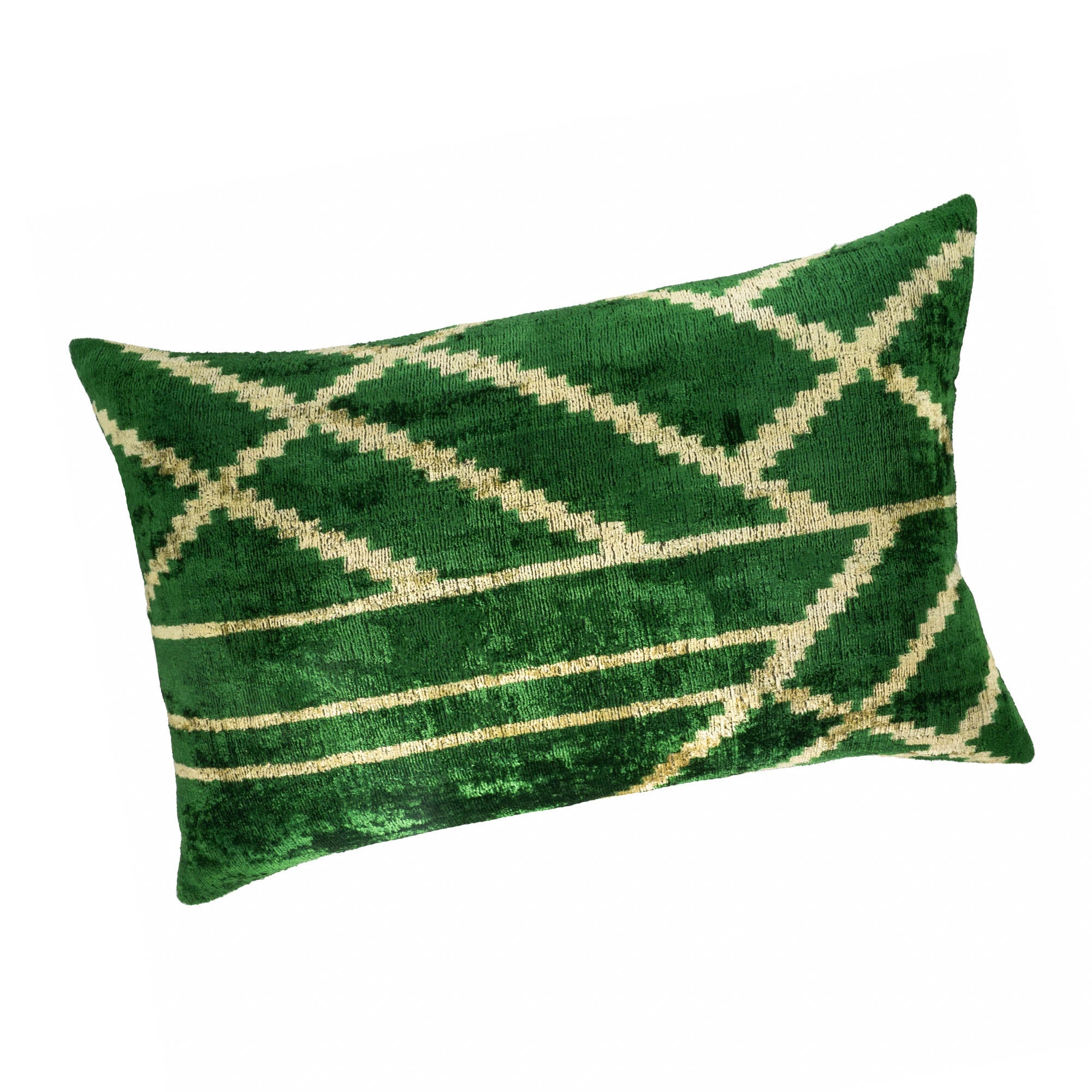 Woodlands Green Silk Velvet Ikat Throw Pillow Cover, 16 x 24